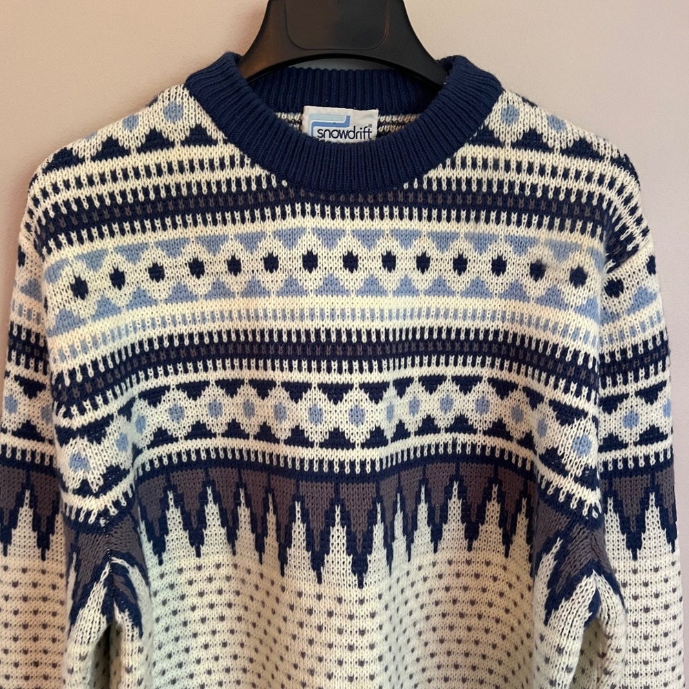 Vintage Snowdrift Fair Isle Nordic Knit Sweater Blue Cream Crew Neck L Aprés Ski - Picture 2 of 7